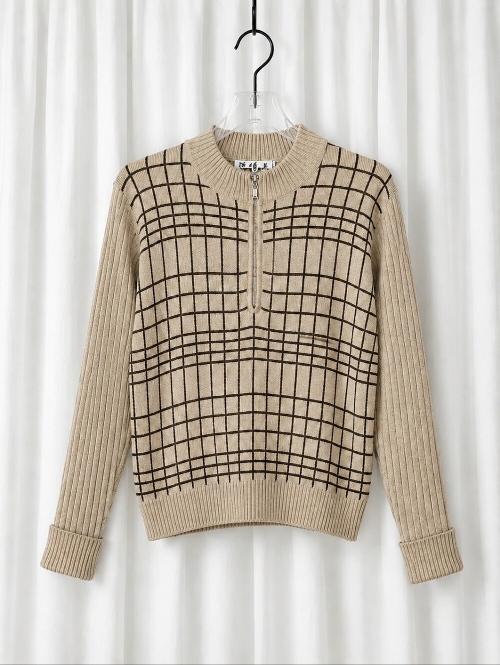 Vintage Talk of the Walk Grid Plaid Quarter Zip Mock Neck Beige Brown Sweater